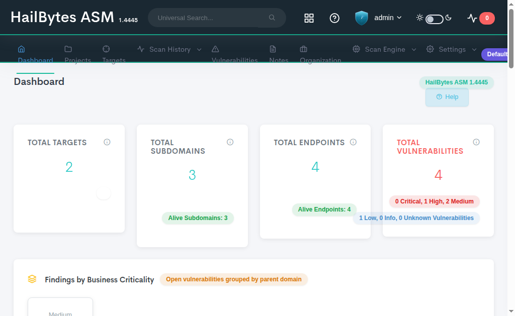 HailBytes ASM dashboard with active scans, target counts, and recent findings