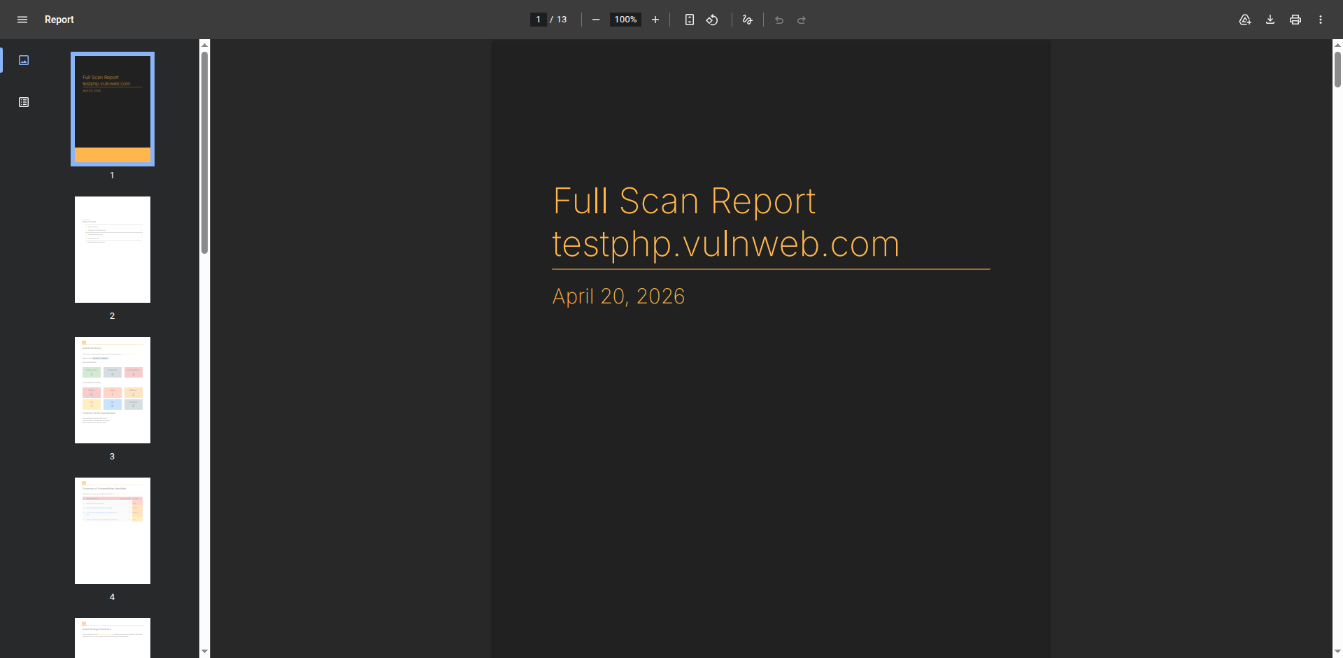 A generated HailBytes ASM full scan report PDF open at its cover page, with a 13-page thumbnail rail showing the quick summary and vulnerability summary pages