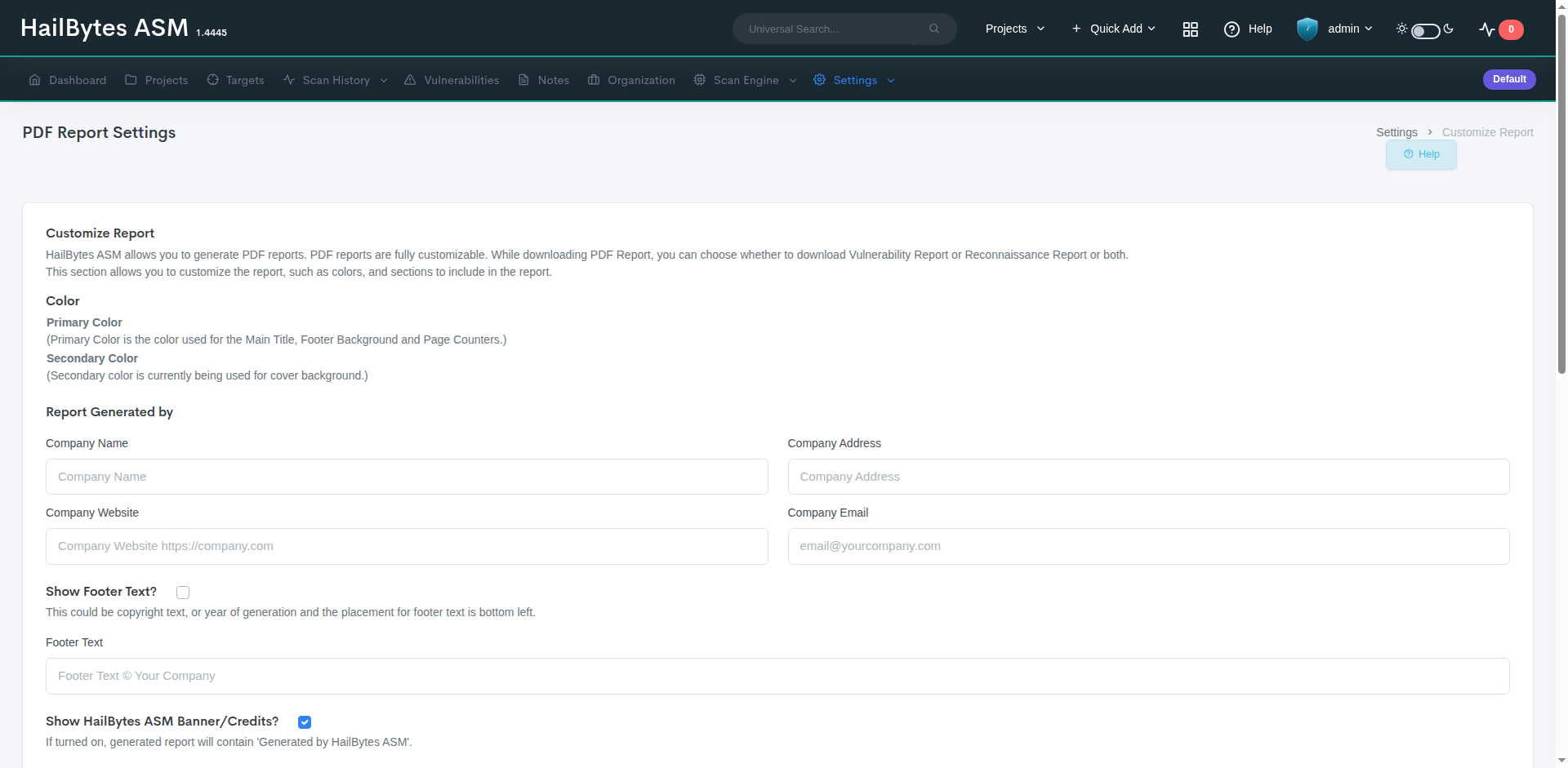 HailBytes ASM PDF report settings with report colors, a Report Generated by company block, footer text, and a toggle for the HailBytes ASM banner and credits