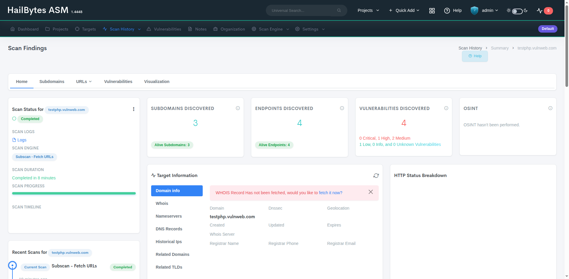 HailBytes ASM scan findings page showing subdomains, endpoints, and vulnerabilities discovered with a critical, high, medium, and low breakdown