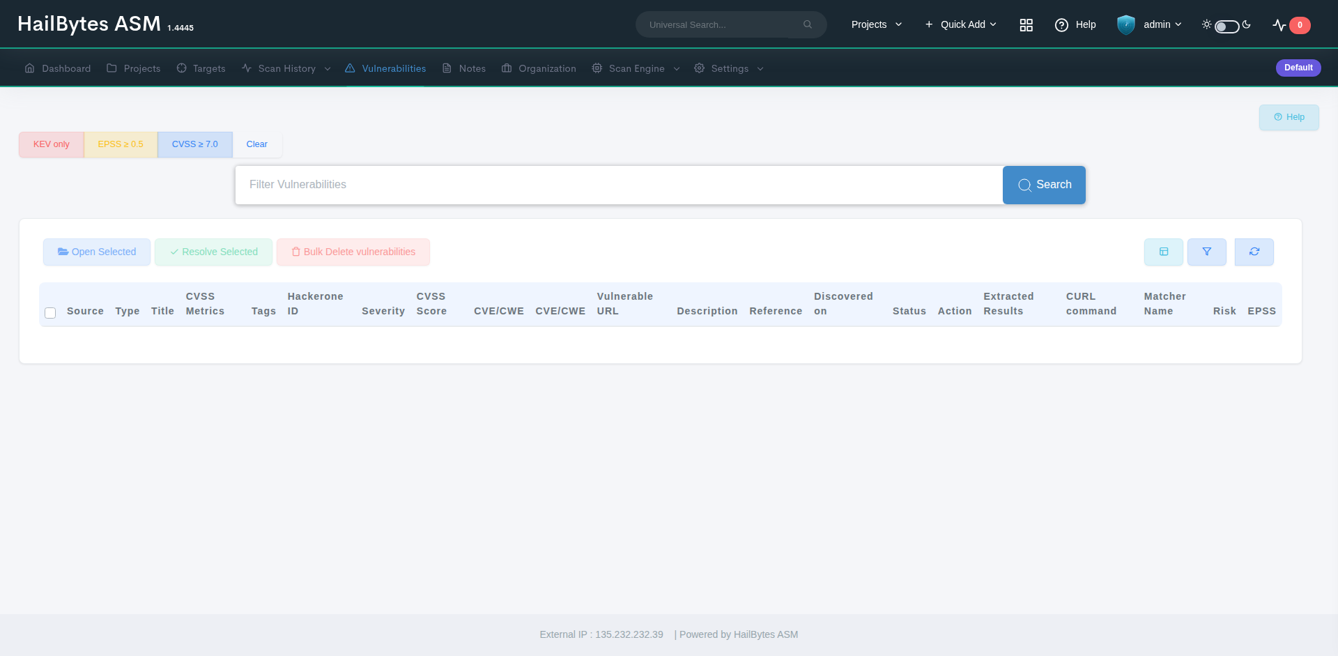 HailBytes ASM Vulnerability List with severity ratings, affected hosts, and remediation guidance