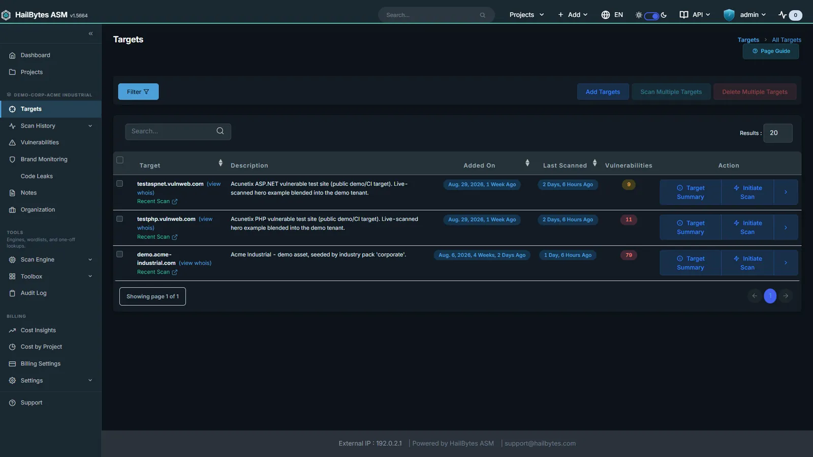 HailBytes ASM Target Management: Domains, subnets, and CIDRs grouped per project or per customer.