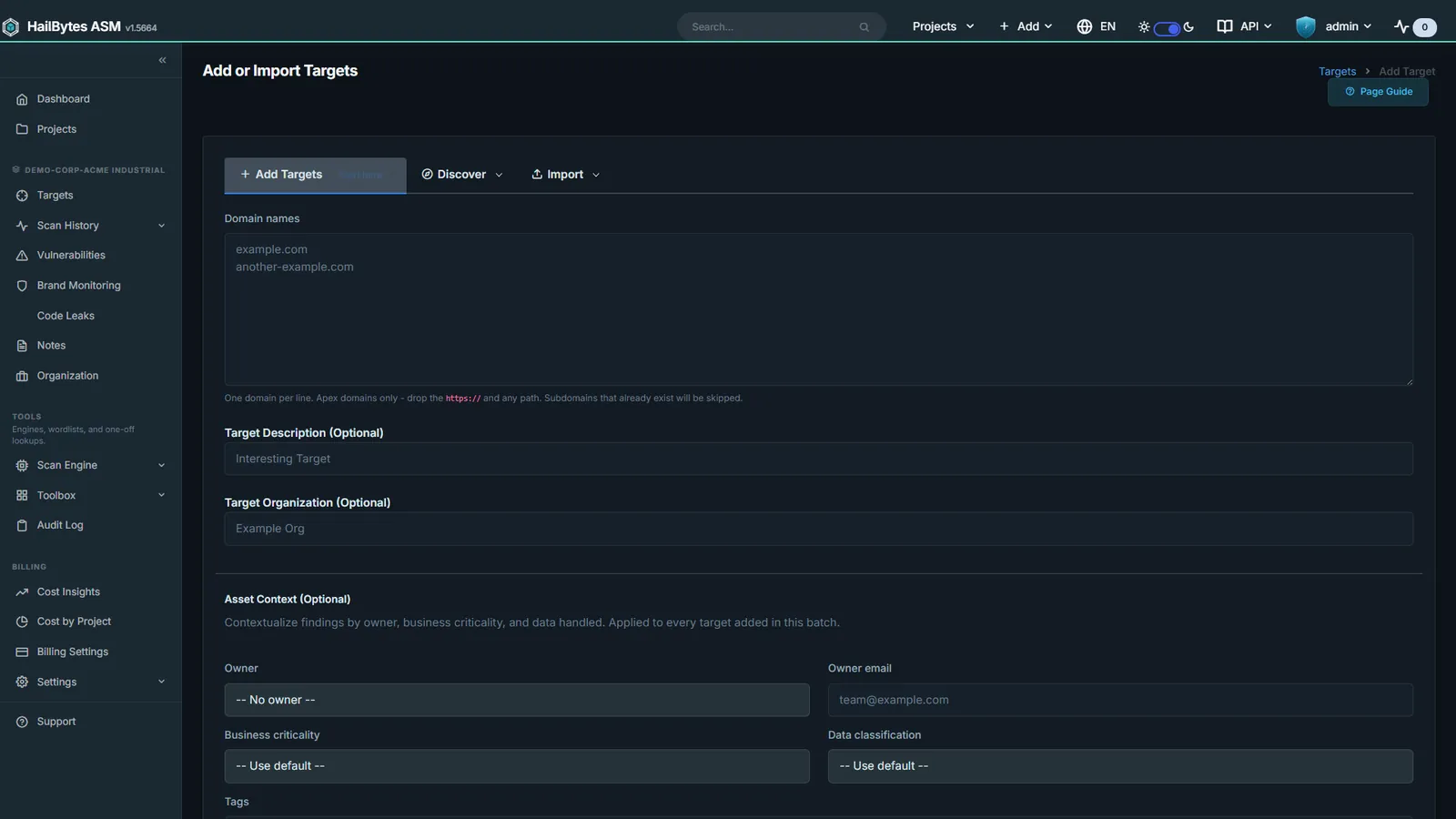 HailBytes ASM Add Target: Single, bulk, IP-range, and Netlas-discovery target intake.