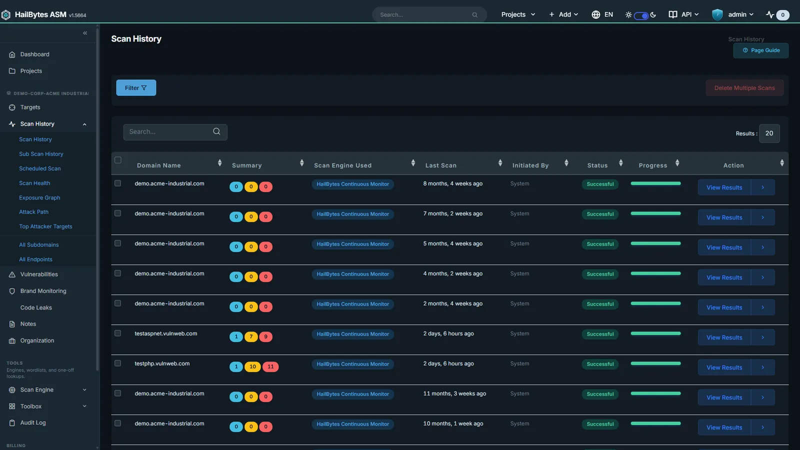 HailBytes ASM Scan History: Every scan logged with engine, status, and findings count.