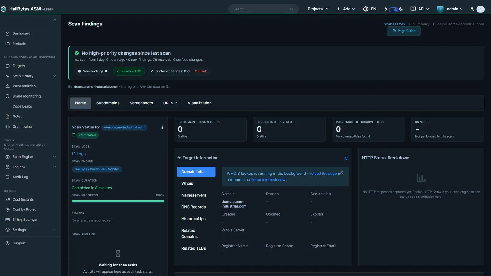 HailBytes ASM Scan Summary: Subdomains, endpoints, and triaged vulnerabilities in one console.