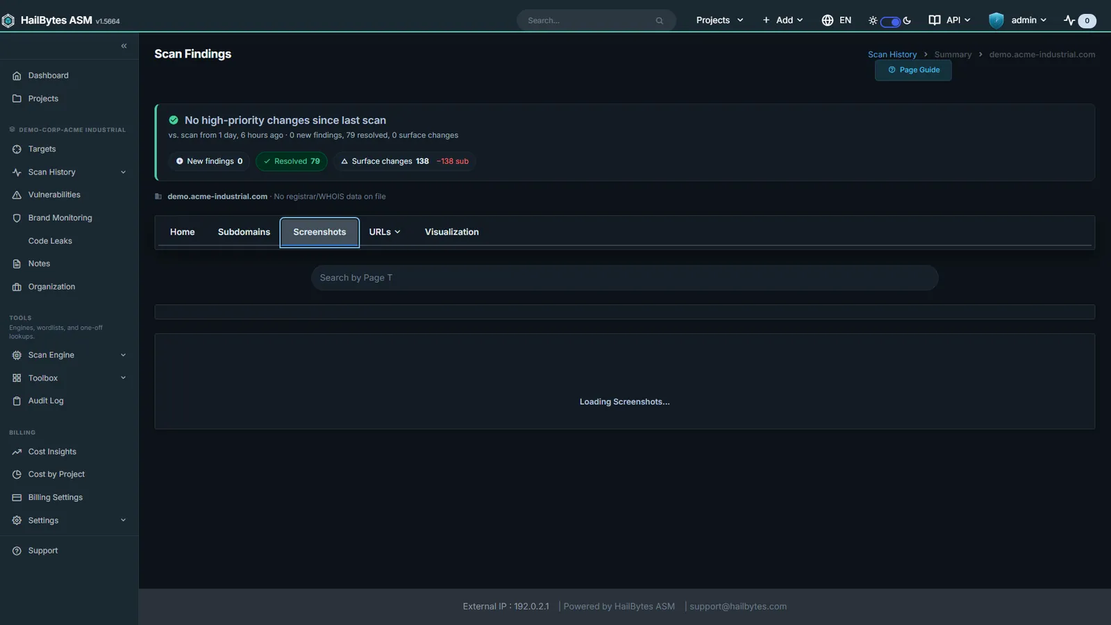 HailBytes ASM Screenshot Gallery: gowitness captures of every reachable host, ML-classified for triage.