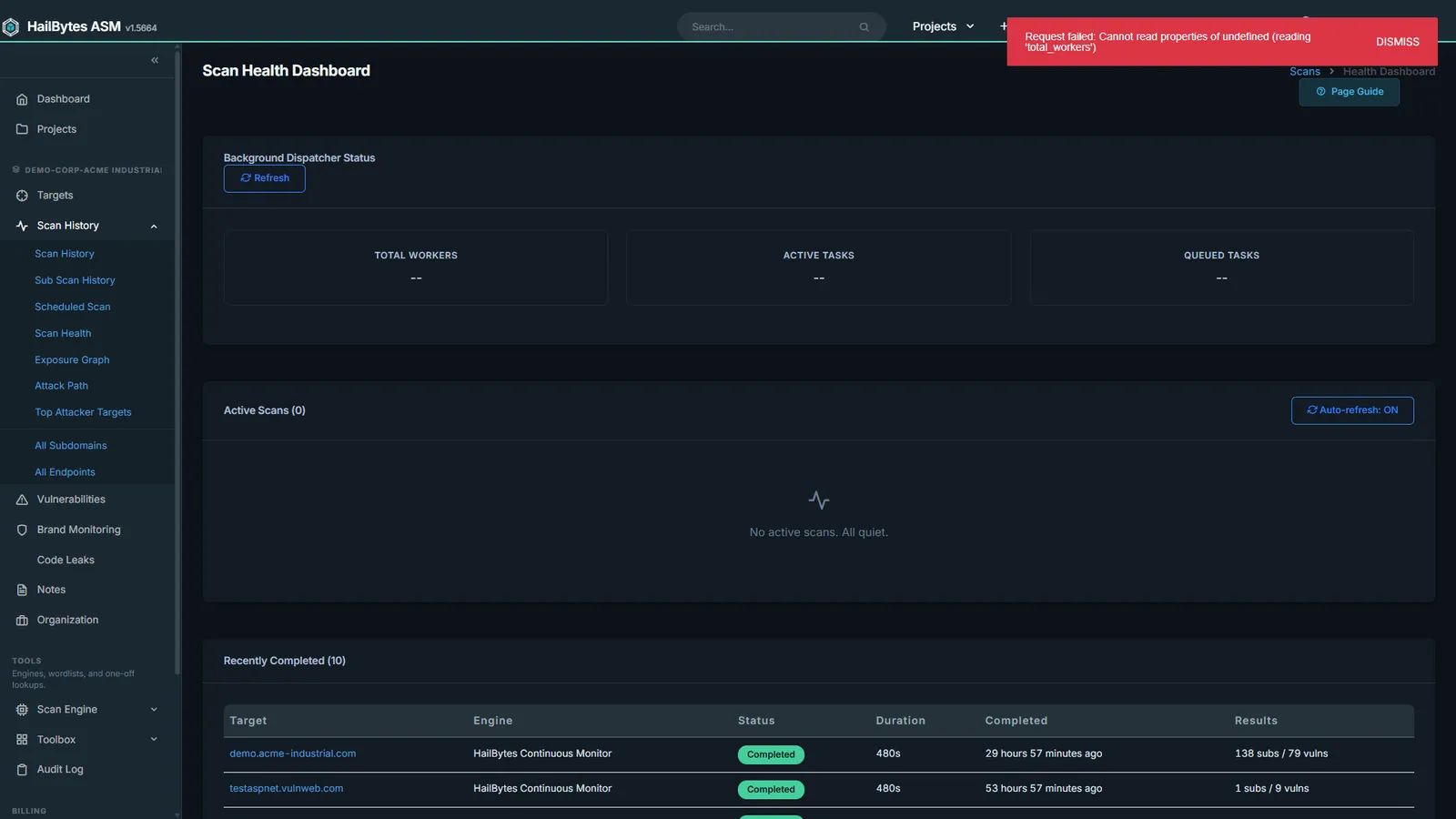 HailBytes ASM Scan Health: Live worker queue depth, scheduled-task health, and tool arsenal status.