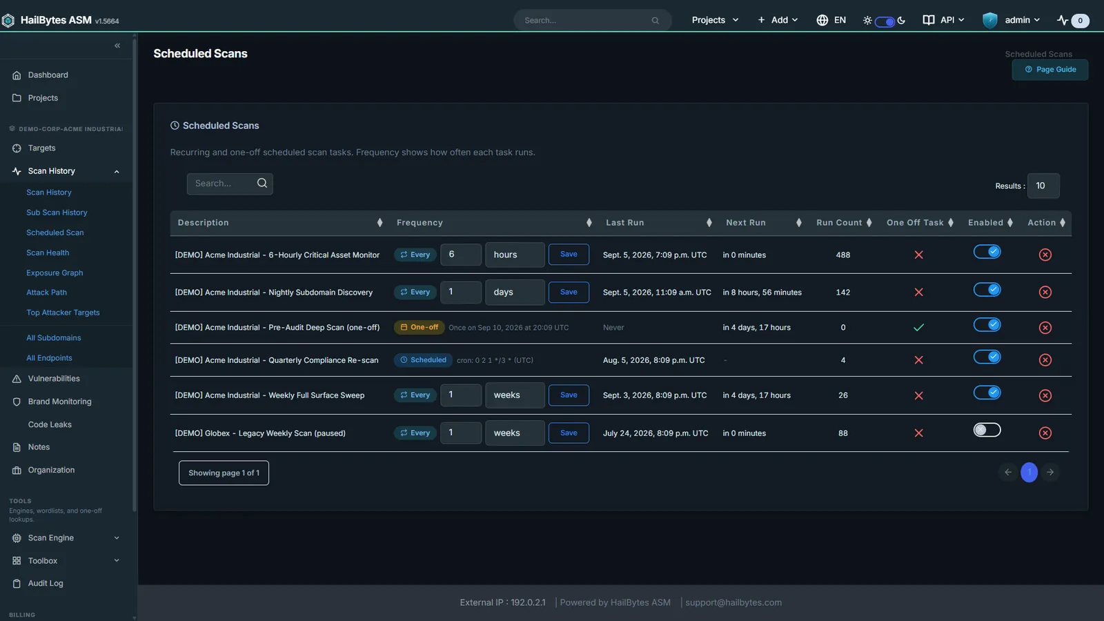 HailBytes ASM Continuous Monitoring: Recurring schedules per target and per tenant; set once, watch always.