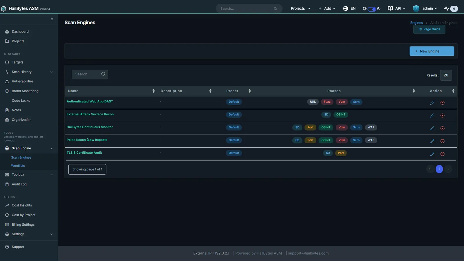 HailBytes ASM Scan Engine Library: Pre-built engine presets, including the Industrial / ICS profile.