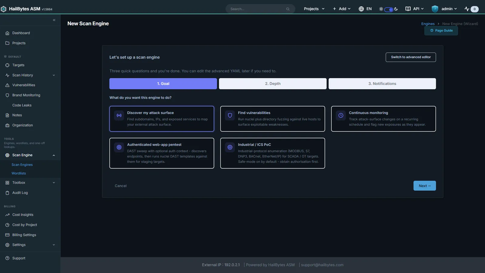 HailBytes ASM Scan Engine Wizard: Guided goal, depth, and notification flow. No YAML required.