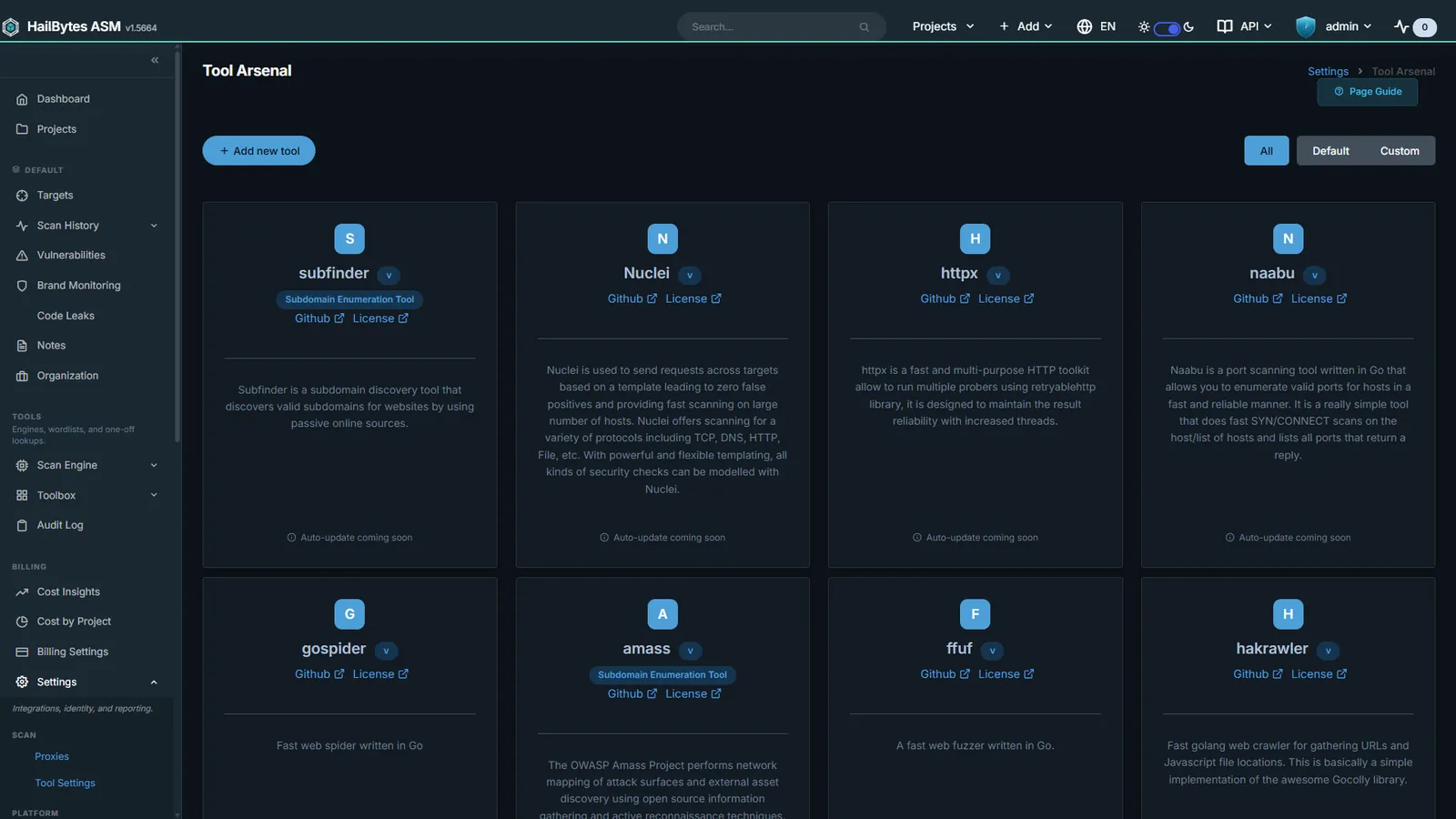 HailBytes ASM Tool Arsenal: 30+ reconnaissance tools with per-tool version and update state.