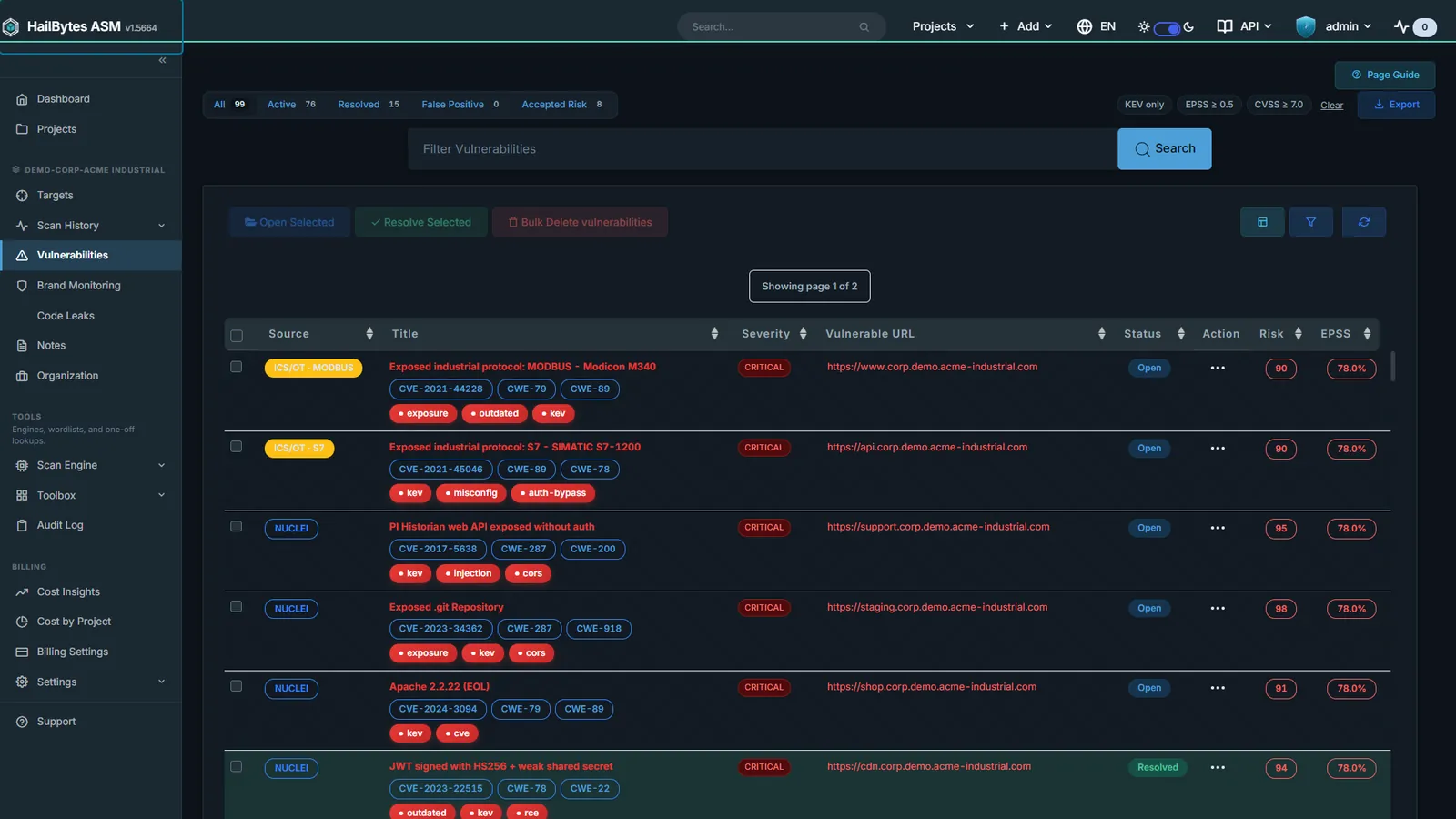 HailBytes ASM Vulnerability Inventory: Severity-ranked, deduplicated findings with status subtabs.