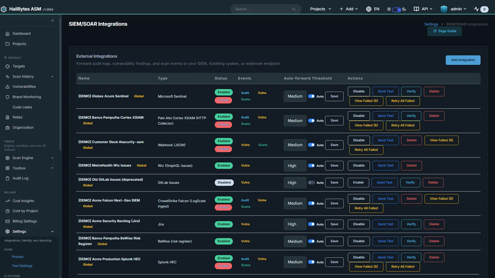 HailBytes ASM SIEM and Ticketing Fan-out: Splunk, Sentinel, syslog CEF, Jira, ServiceNow, GitHub, GitLab, BeWise.