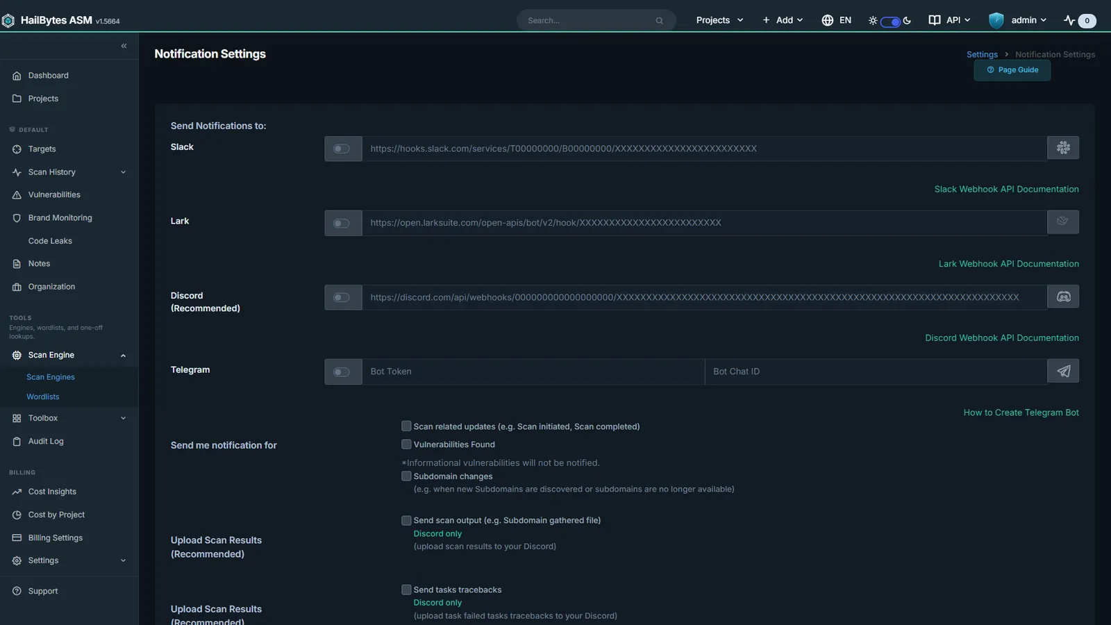 HailBytes ASM Notification Channels: Slack, Discord, Telegram, Teams, Lark, PagerDuty, and Opsgenie.