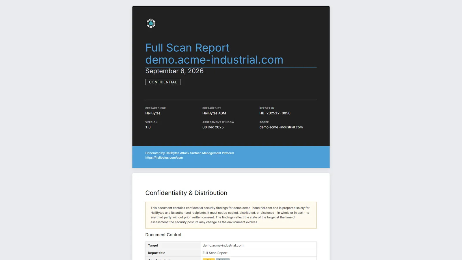 HailBytes ASM Scan Report: Client-grade pentest report with asset change summary and screenshot gallery.