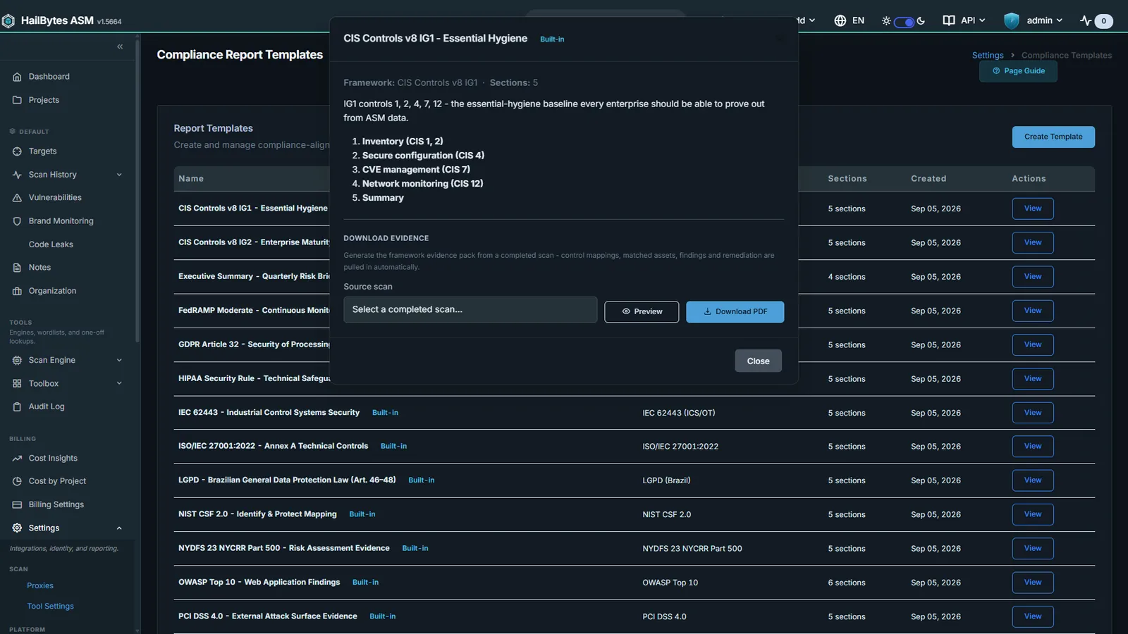 HailBytes ASM Compliance Control Breakdown: Per-section control evidence generated from live findings.