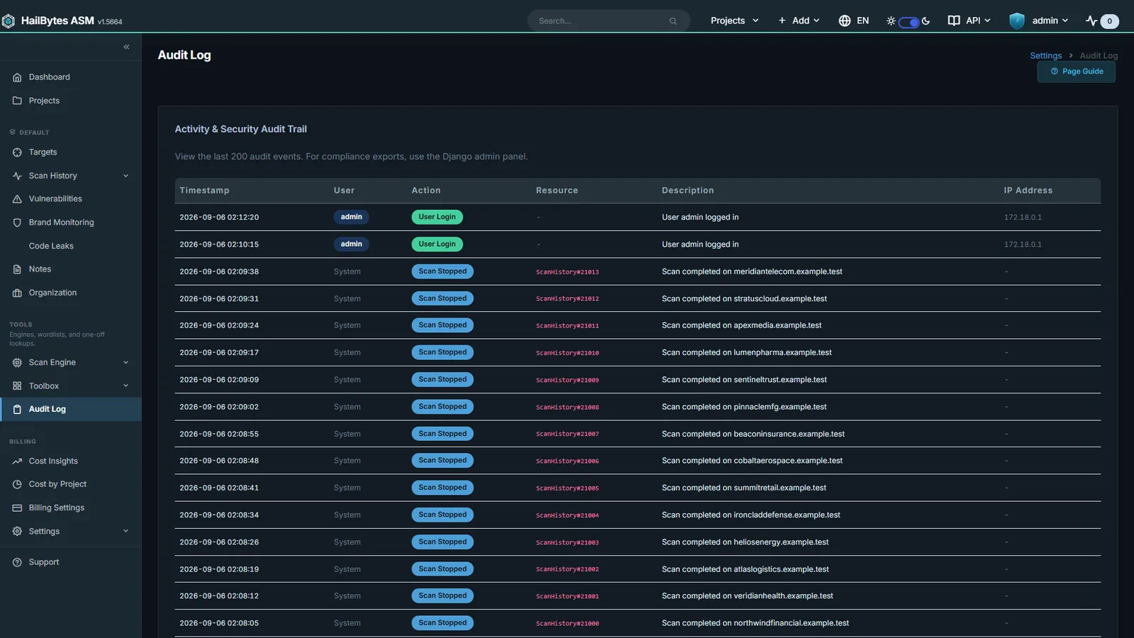 HailBytes ASM Audit Log: Every config change captured: SOC 2 and ISO 27001 evidence, exportable per tenant.