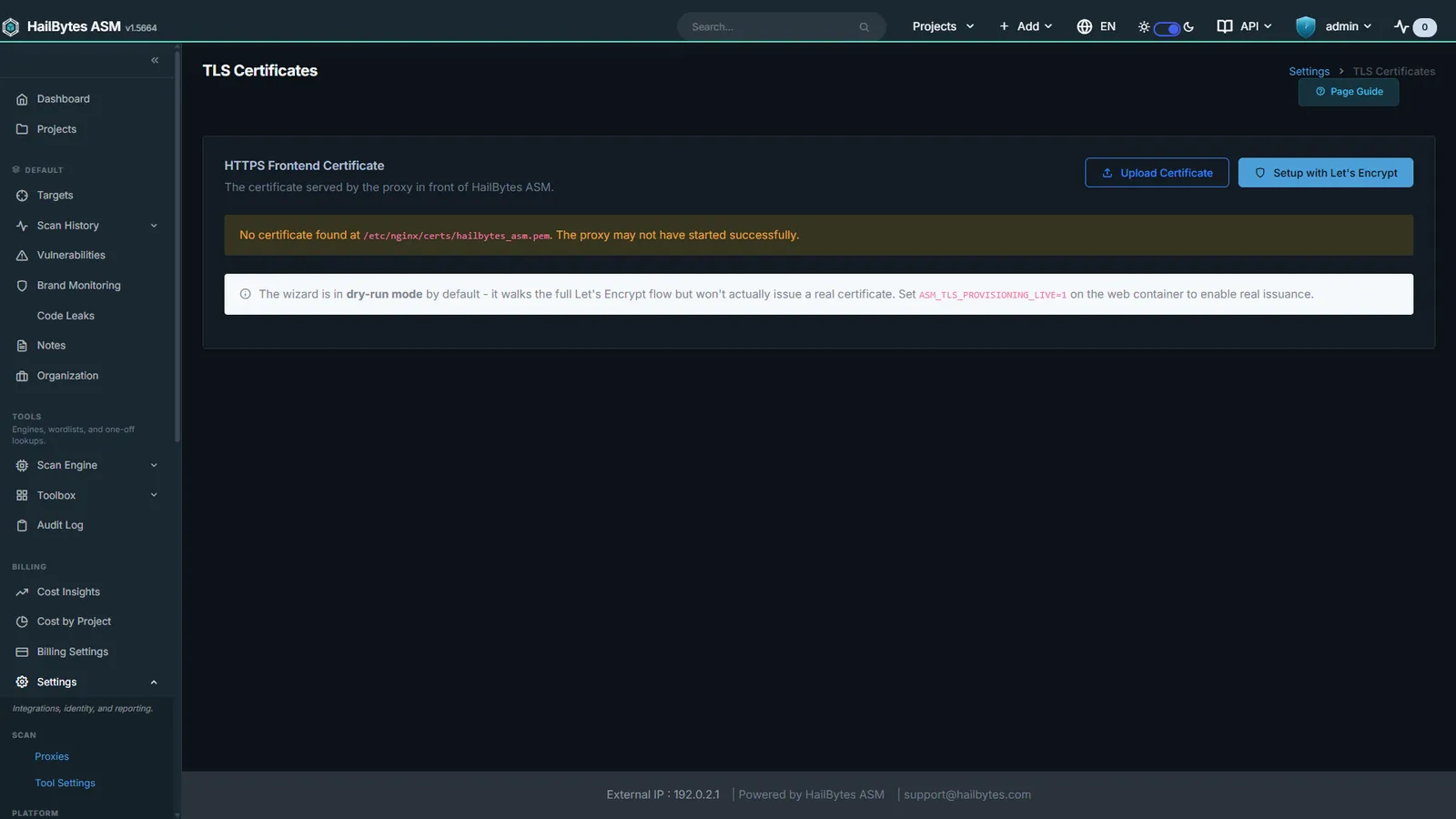 HailBytes ASM TLS Certificates: Current certificate state plus a one-click Let's Encrypt wizard.