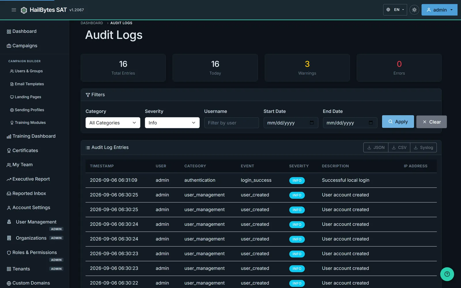 HailBytes SAT Audit Logs page with Total Entries, Today, Warnings, Errors counters and JSON/CSV export buttons