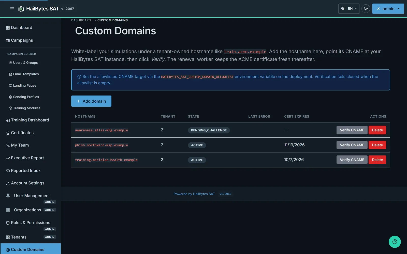 HailBytes SAT custom domains page listing three tenant hostnames with their ACME certificate state and expiry, two active and one pending challenge