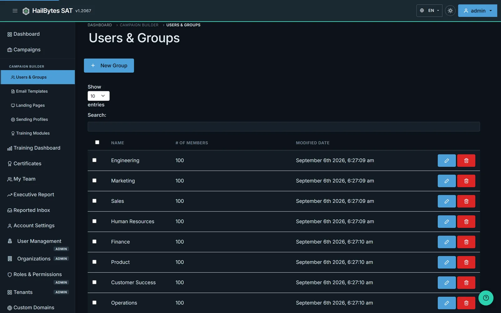 HailBytes SAT Users and Groups page listing Engineering, Marketing, Sales, Human Resources, Finance, Product, Customer Success and Operations groups with member counts