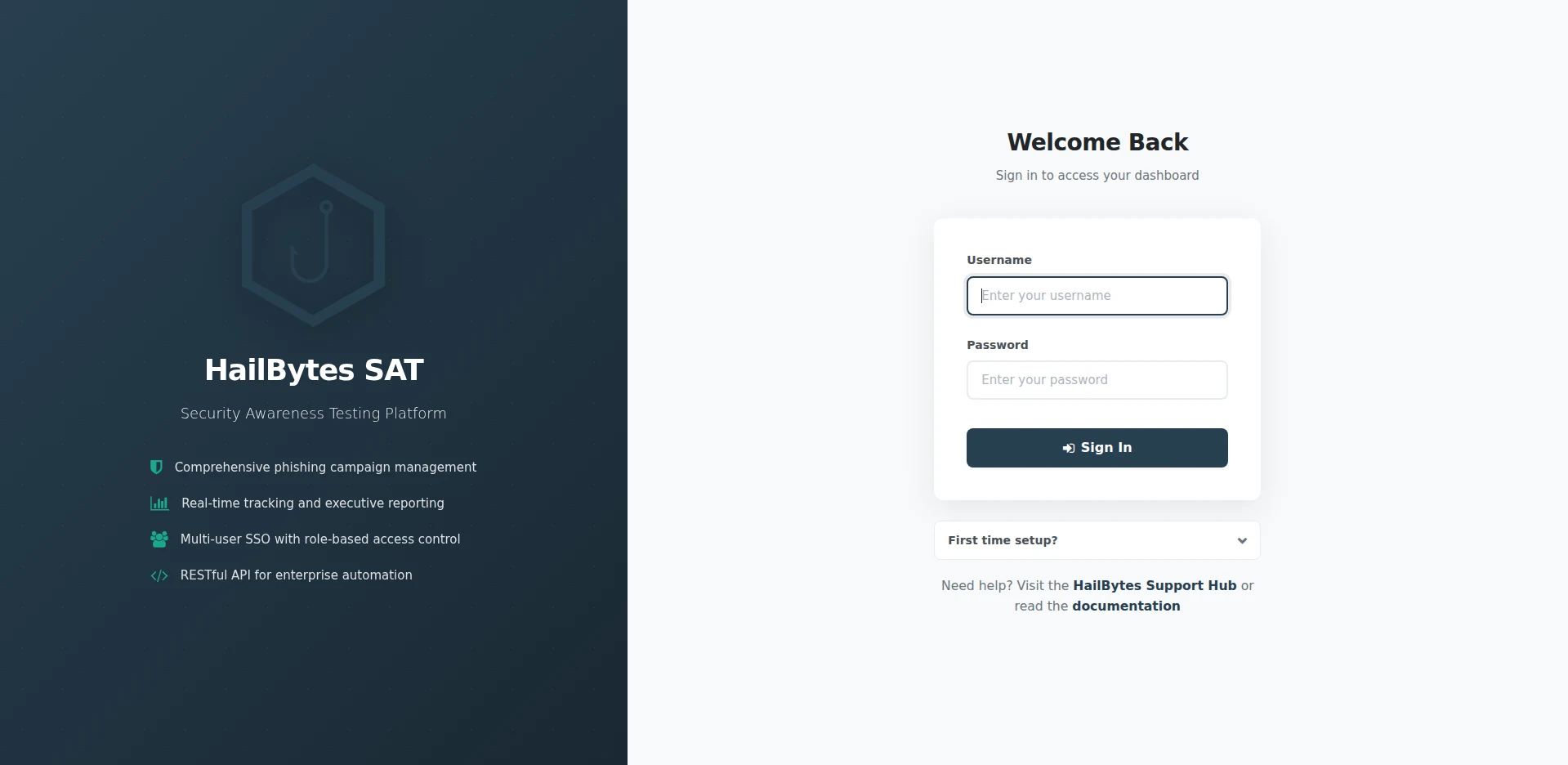 HailBytes SAT login page with Welcome Back header and first-time setup dropdown