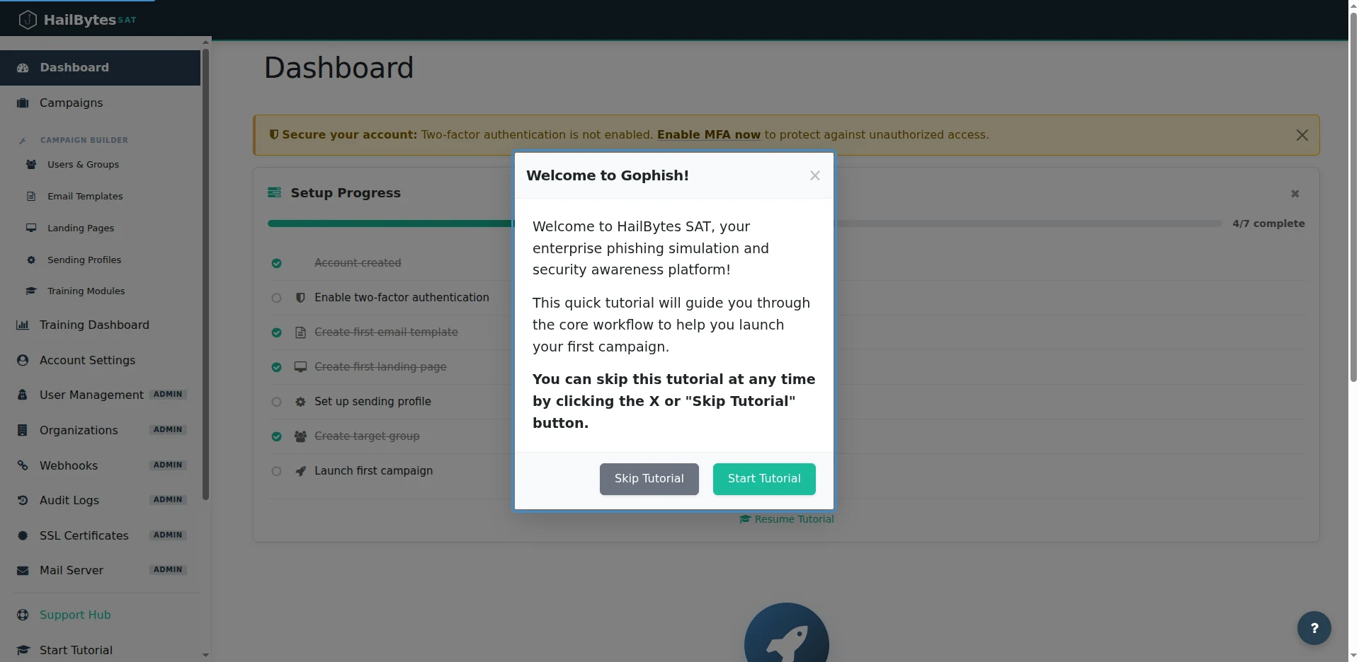 HailBytes SAT dashboard with Setup Progress checklist and welcome tutorial