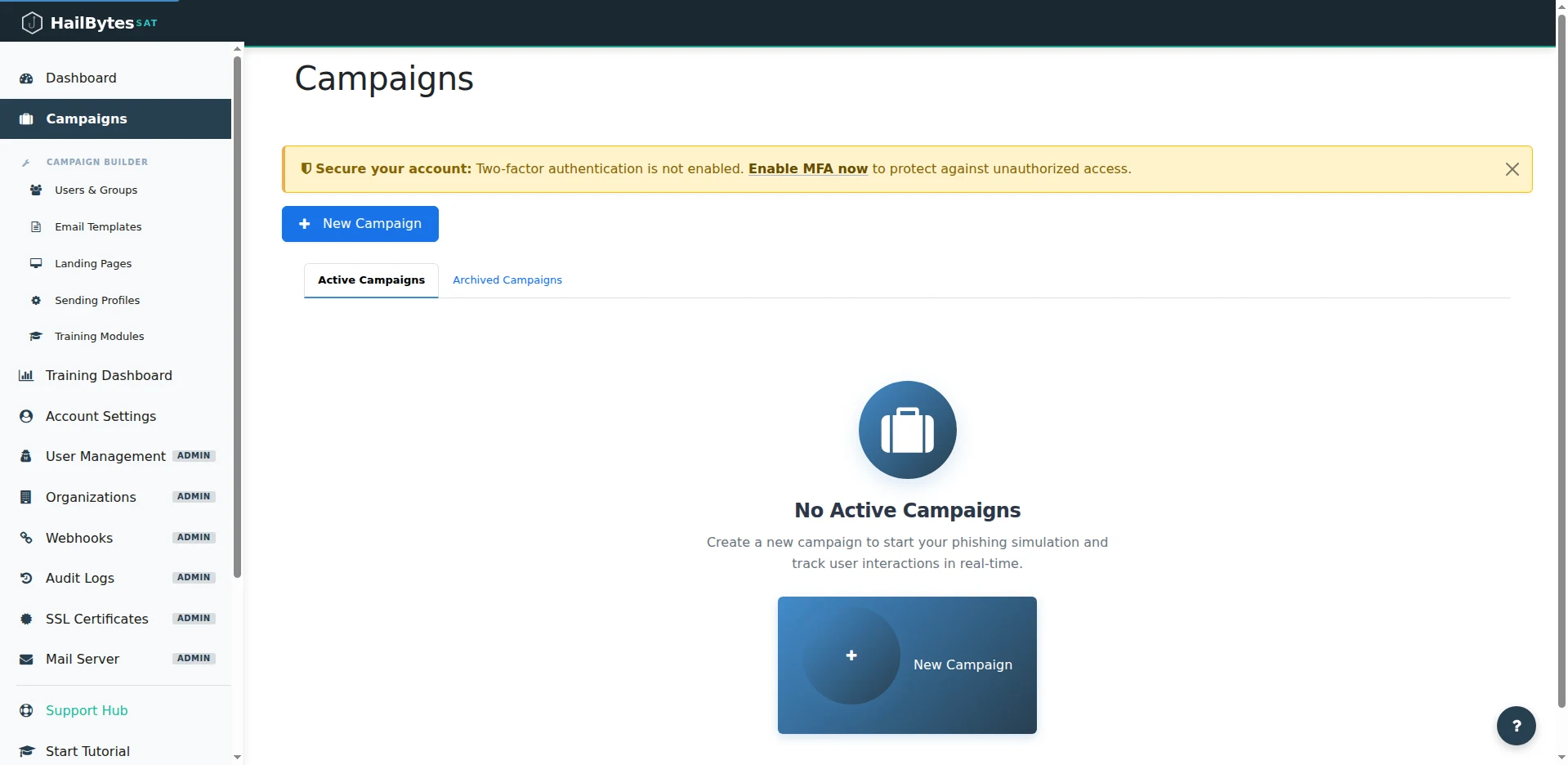 HailBytes SAT Campaigns page with Active and Archived tabs and New Campaign button