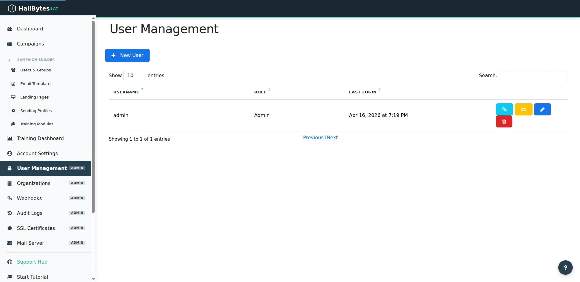 HailBytes SAT User Management page showing admin user with role and last login