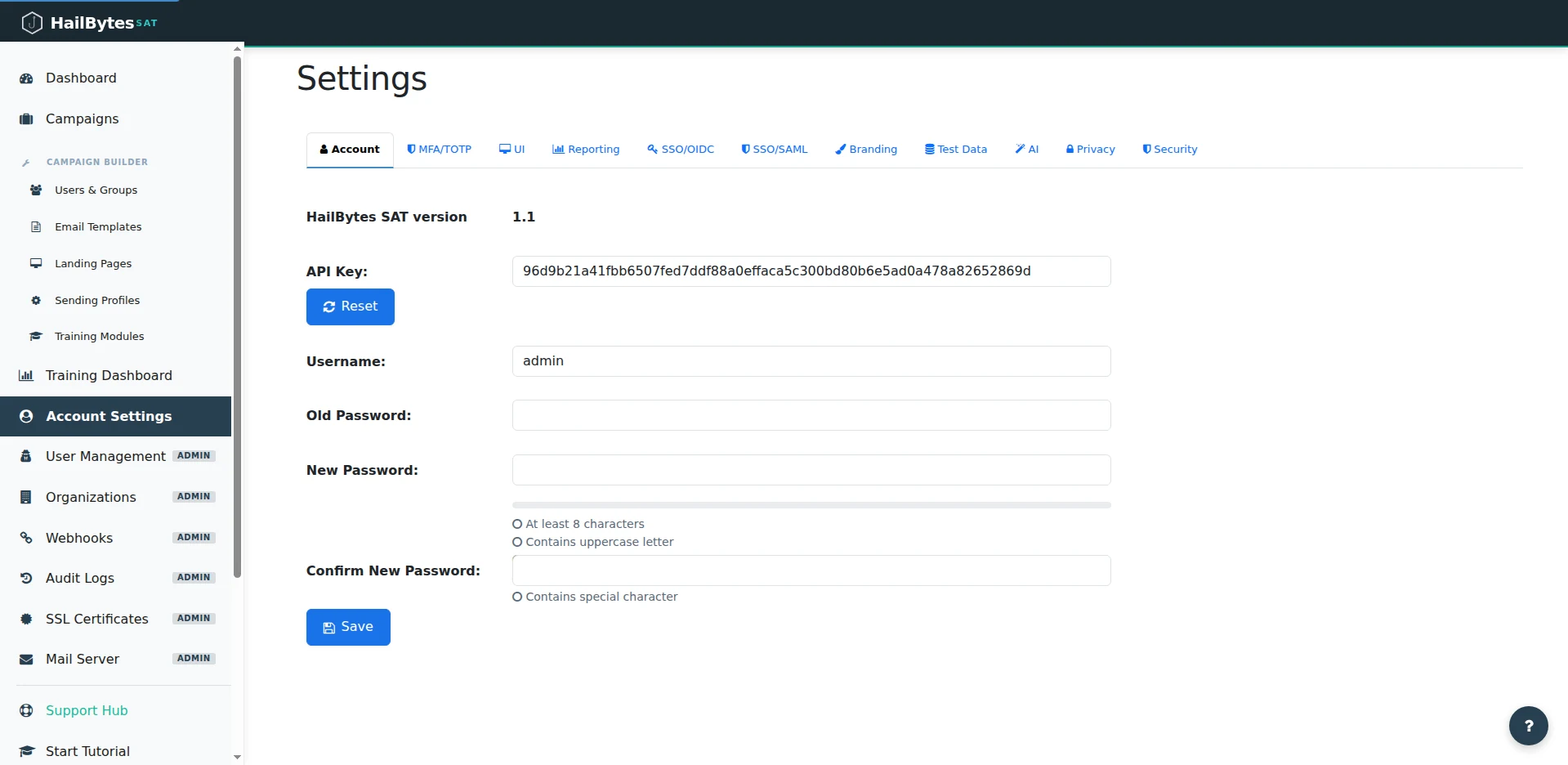 HailBytes SAT Settings tabs showing Account, MFA/TOTP, UI, Reporting, SSO/OIDC, Branding, Test Data, AI, Privacy, Security