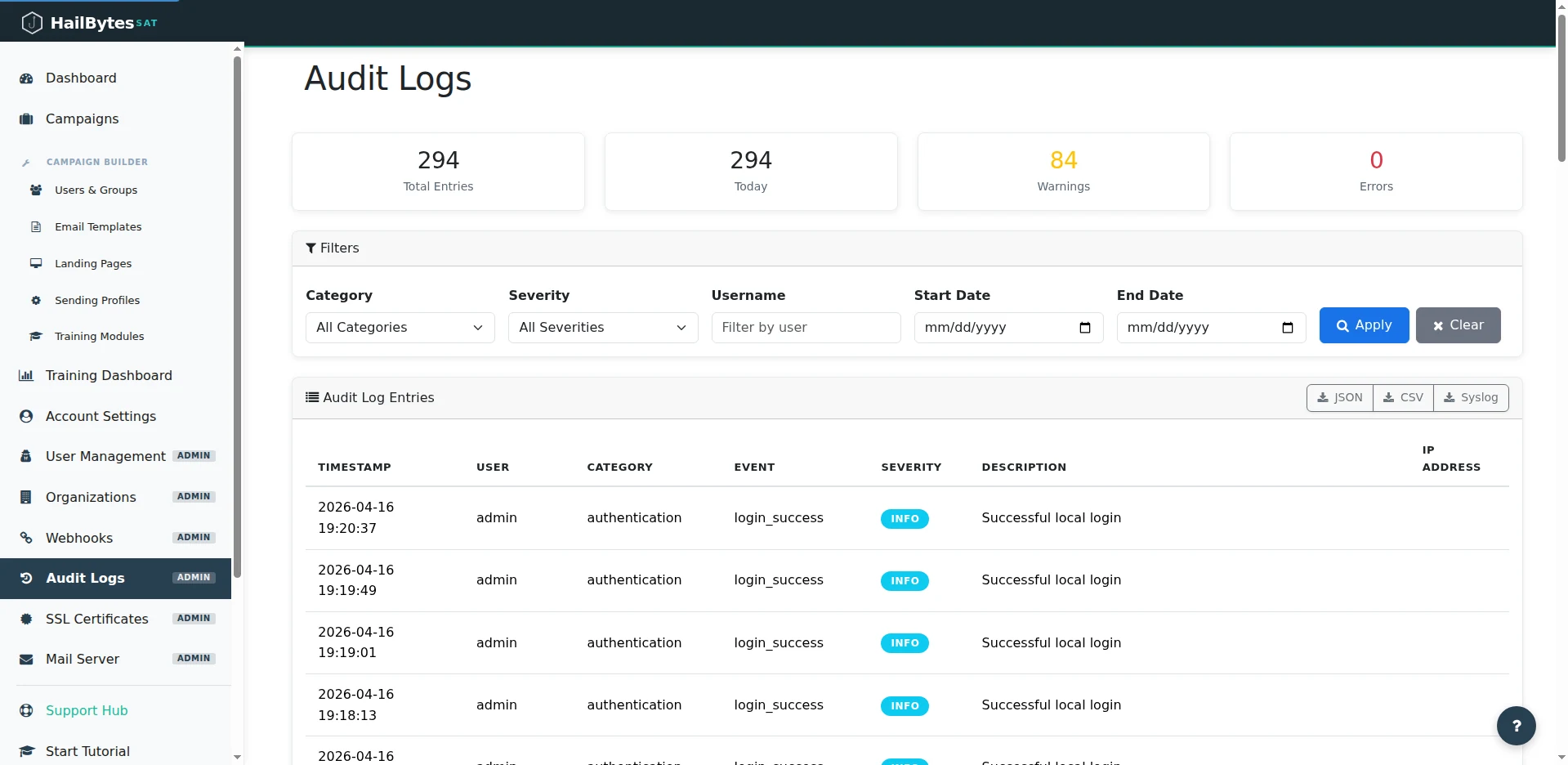 HailBytes SAT Audit Logs page with Total Entries, Today, Warnings, Errors counters, filters, and JSON/CSV export buttons