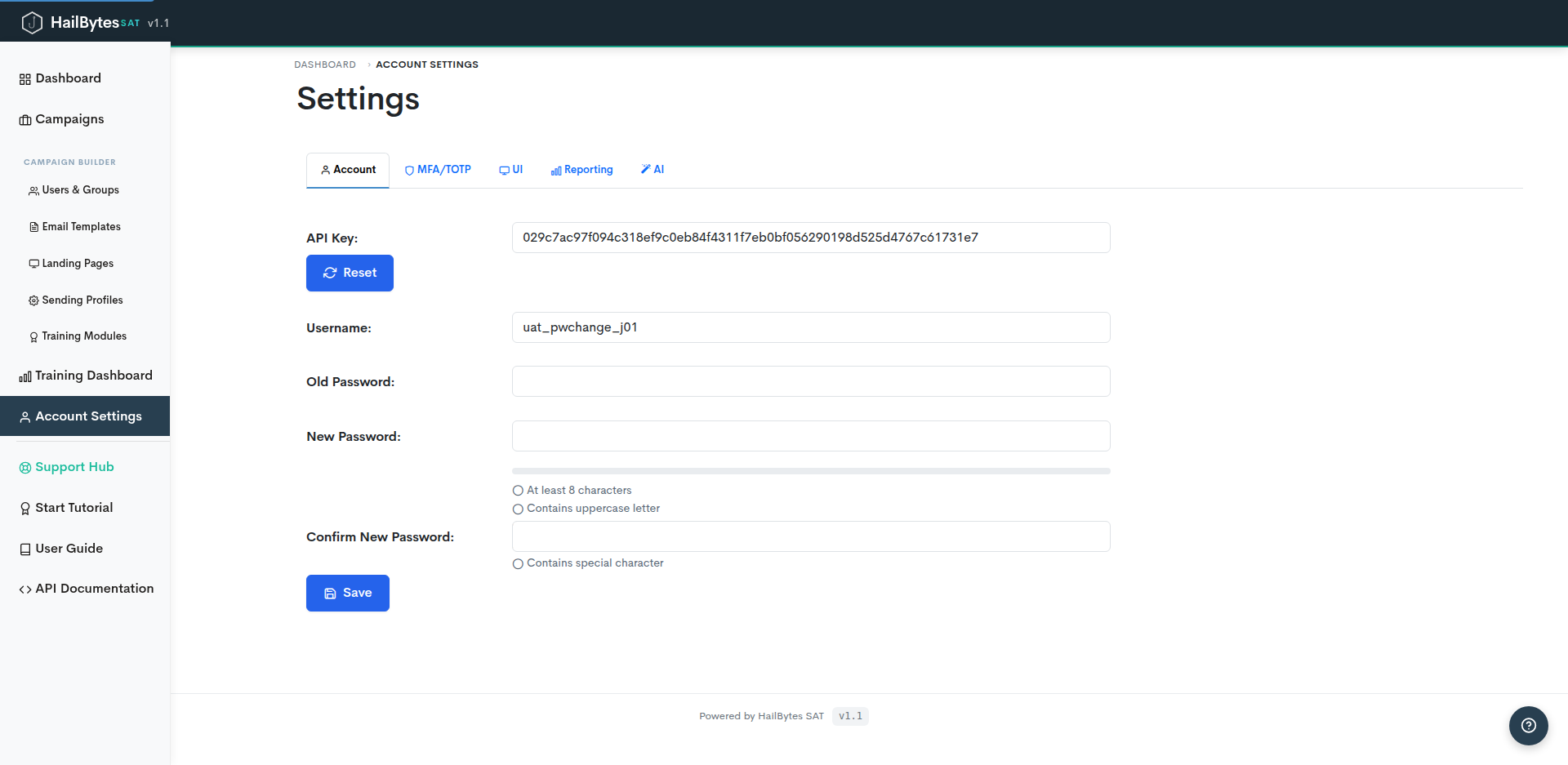 HailBytes SAT Settings page with Account, MFA/TOTP, OIDC SSO, Branding, AI and Security tabs