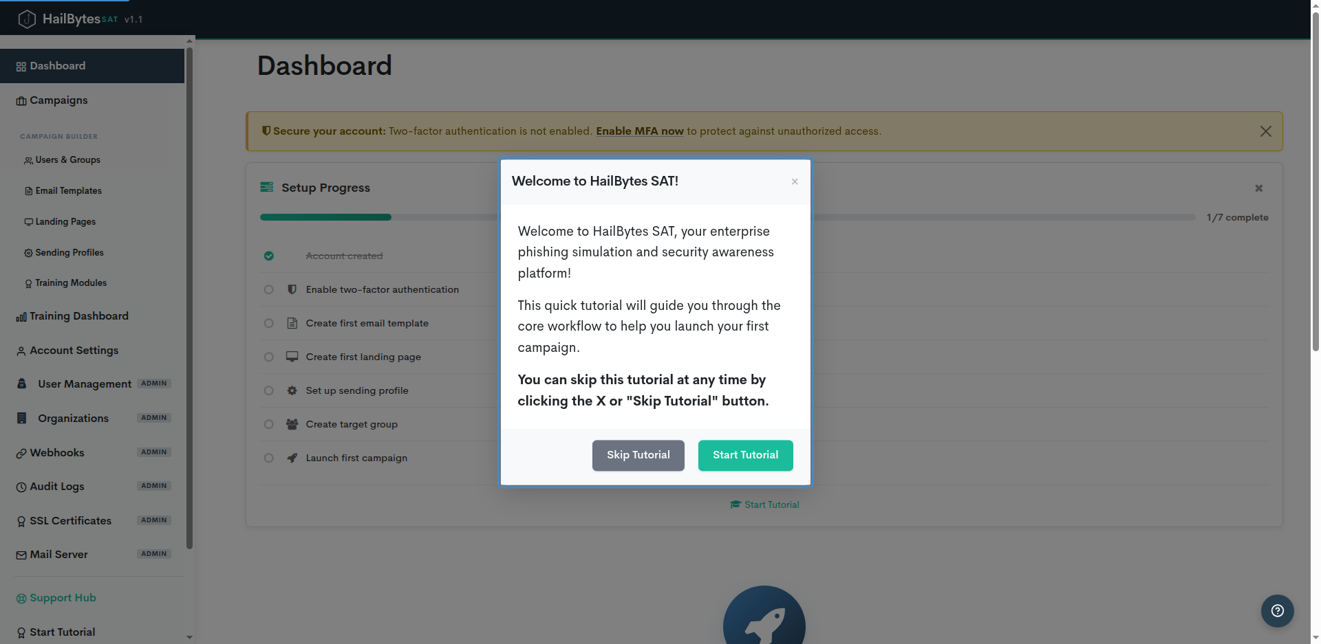 HailBytes SAT dashboard with setup progress checklist and welcome tutorial