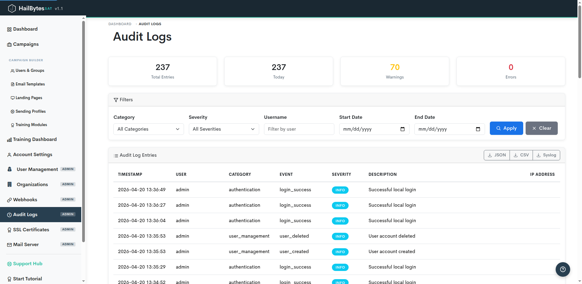 HailBytes SAT Audit Logs page with entry counts, filters, and JSON/CSV export buttons