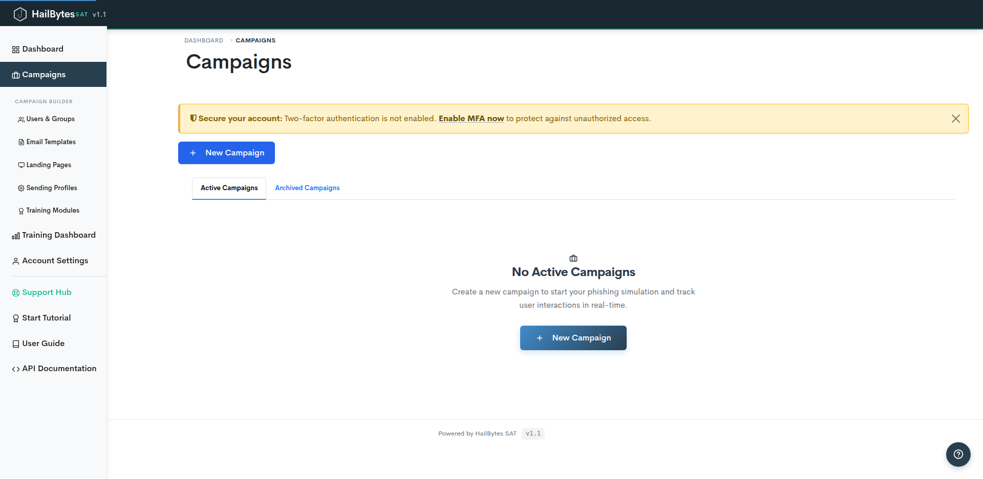 HailBytes SAT Campaigns page with active campaign list and results