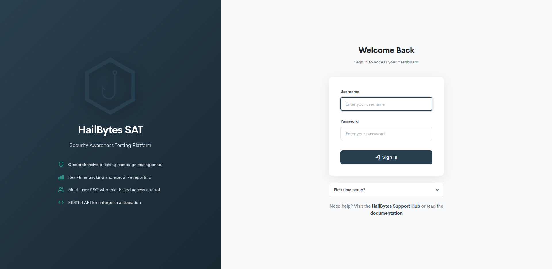HailBytes SAT login page with username, password, and first-time setup options