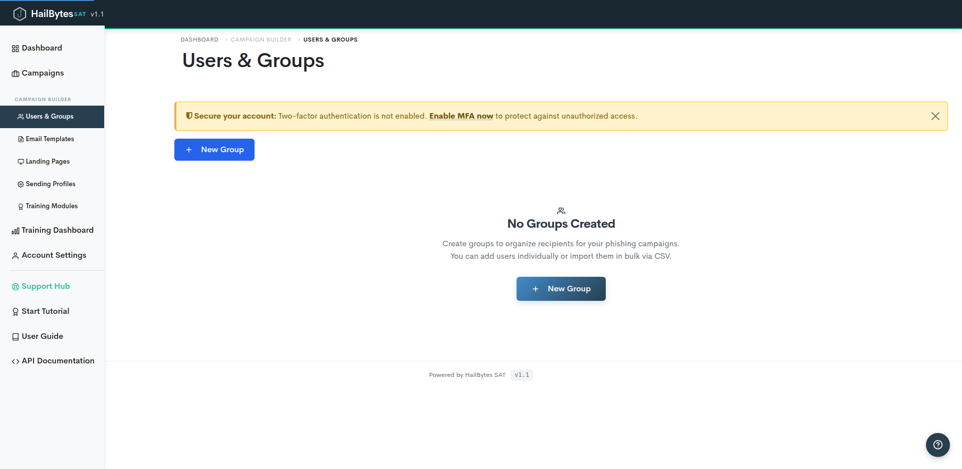 HailBytes SAT Users and Groups page showing departmental segmentation for campaign targeting