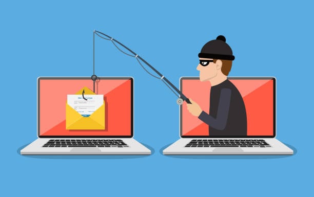 Cartoon hacker phishing with email from laptop