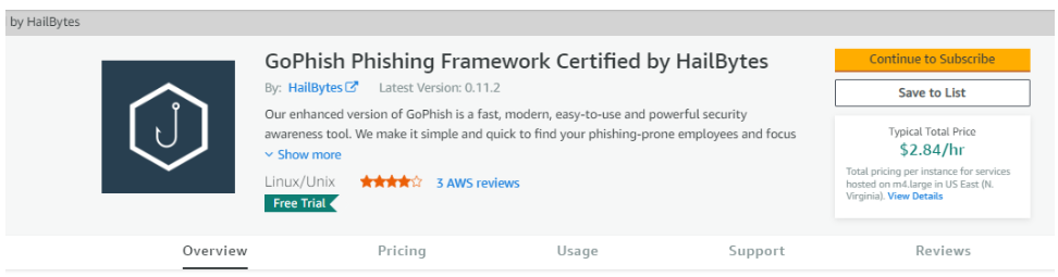 Gophish AWS listing