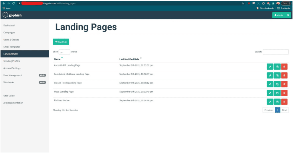 Gophish Landing Pages ekran görüntüsü