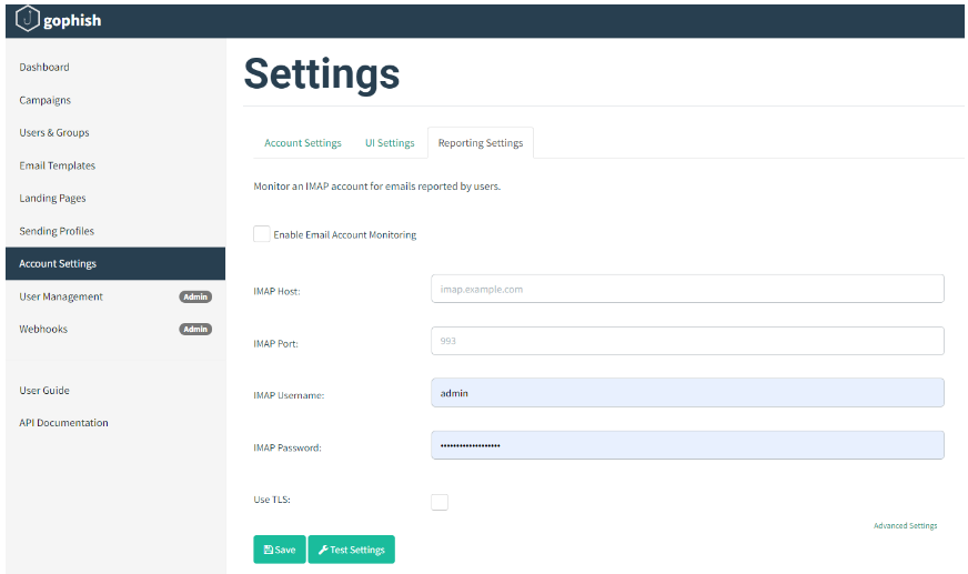 Gophish admin settings screenshot