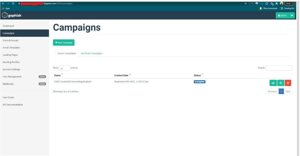 Gophish launch a campaign screenshot