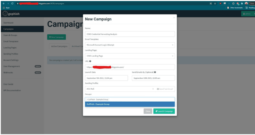 Gophish new campaign screenshot