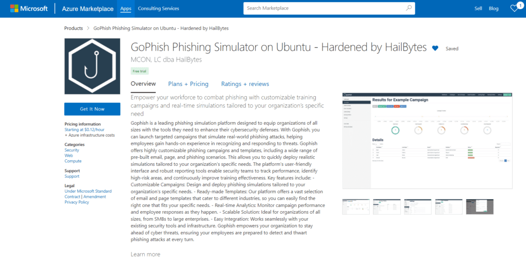 Screenshot of GoPhish Phishing Simulator on Azure Marketplace